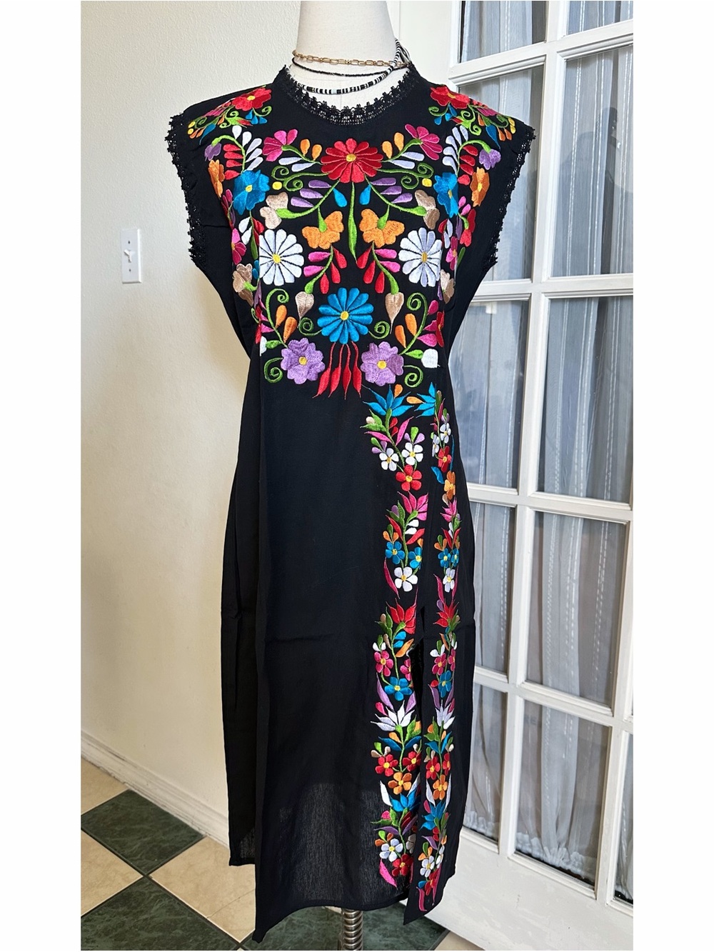 MEXICANA Midi Dress with Colorful Floral Embroidery